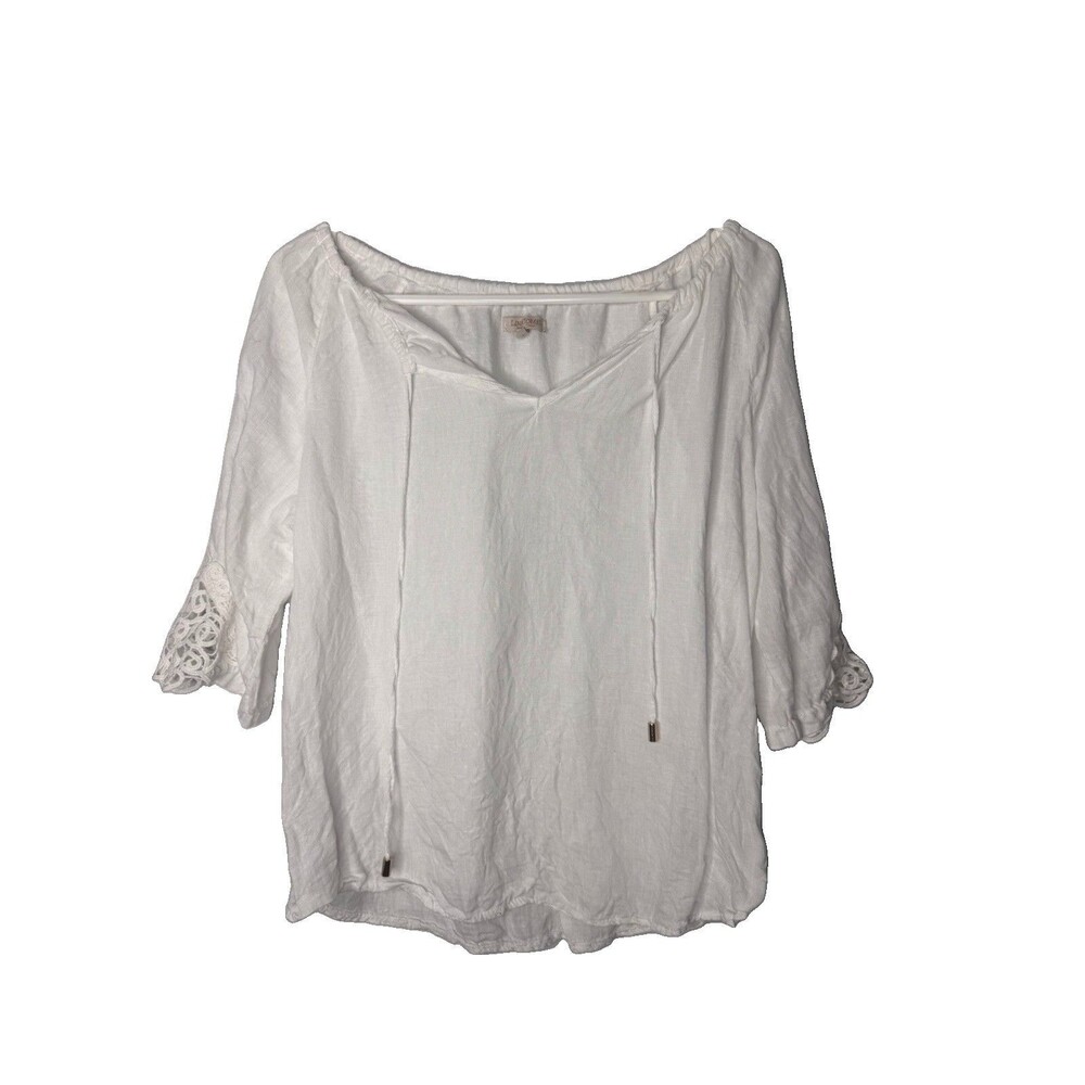 Lina Tomei Italy White Linen Eyelet Lace V Neck  3/4 Roll Tab Sleeve Blouse S